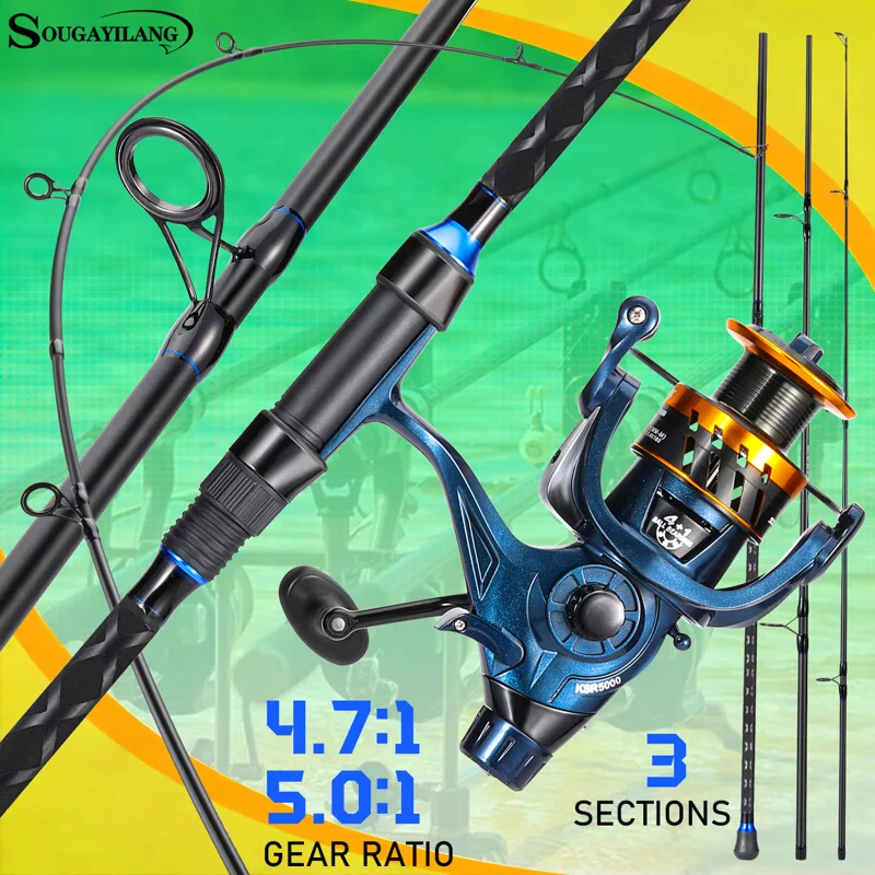 Fishing Rod Carbon Fiber - Sougayilang 3-teilige Surf-Angelrute mit Rolle, Kohlefaser-Spinnrute