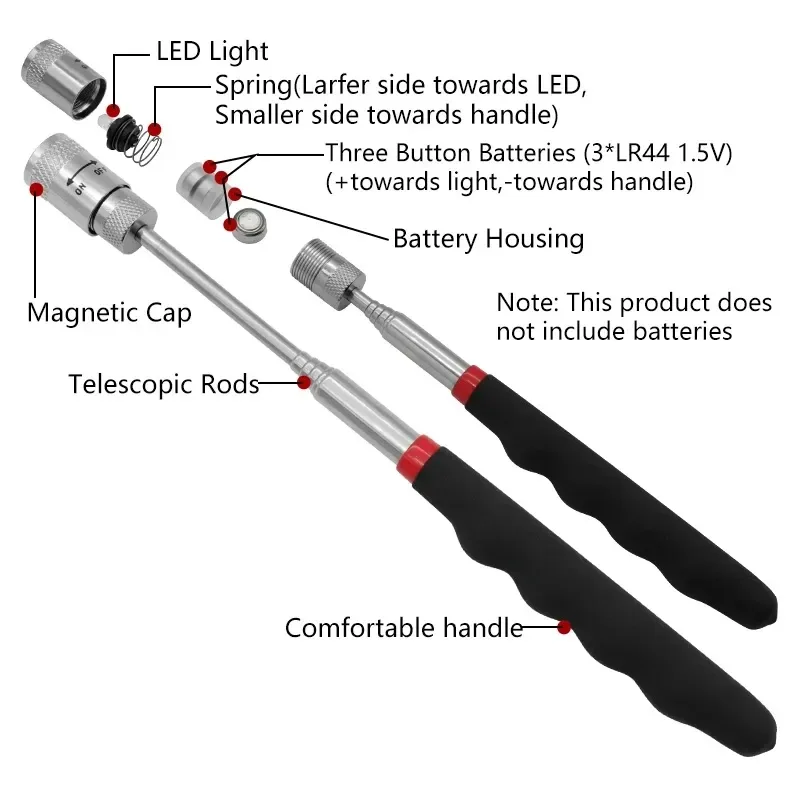 Fishing Rod Travel - Teleskop-Magnetstift mit LED-Licht, ausziehbarer Tonabnehmerstab, tragbares